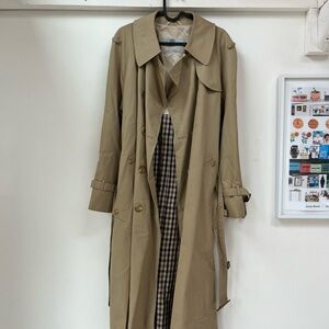 Aquascutum London Tan Double-Breasted Trench Coat with Plaid Lining